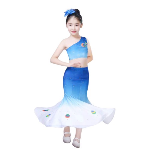 Chinese folk dance dresses for girls peacock  blue gradient colored children belly dance mermaid dresses competition stage performance dance outfits